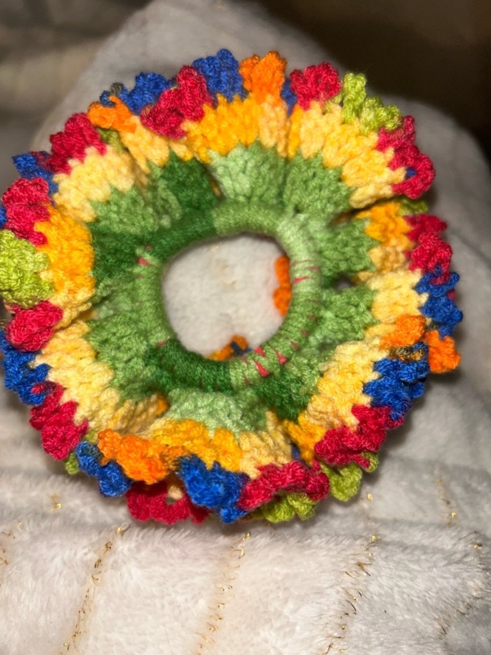Hand Crafted Multicolor Crochet Ruffled Hair Scrunchie - Picture 2 of 2